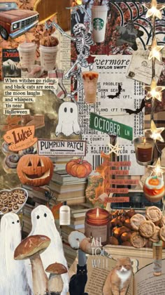 a collage of halloween related items including pumpkins, jack - o'- lanterns and books