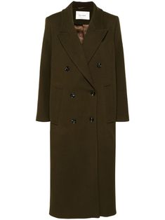 khaki virgin wool blend twill weave double-breasted button fastening peak lapels shoulder pads long sleeves buttoned cuffs two side welt pockets central rear vent full lining straight hem mid-length Ivy Oak, Fur Parka, Moccasin Boots, Yoko London, Twill Weave, Green Coat, Brown Coat, Green Wool, Blouse Outfit