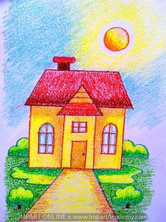 a drawing of a house with a pathway leading to the front door and sun above it