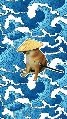 an animal with a hat on its head floating in the air over blue and white water