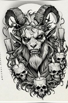 an image of a demon with horns and skulls