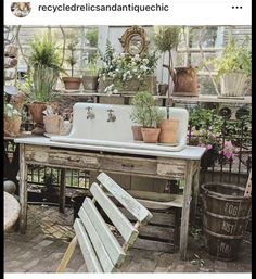 an old fashioned sink and some plants in a room with lots of potted plants