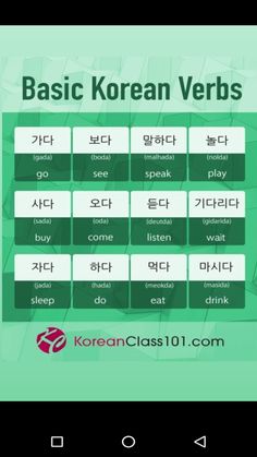 korean words and phrases are displayed on an iphone screen, with the text basic korean verbs