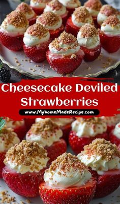 Delicious cheesecake deviled strawberries! Fresh strawberries filled with creamy cheesecake, perfect for parties or a sweet bite-sized dessert.  Hashtags: #CheesecakeStrawberries #EasyDessert #PartyTreats #StrawberryLovers #NoBakeDessert #BiteSizedTreats #FruitDessert #SweetTreats #DessertInspo #FoodieFavorites Healthy Desserts Cheesecake, Keto Strawberry Cheesecake Bites, Simple Sweet Desserts, Fresh Party Food, Easy Cheesecake Deviled Strawberries, Strawberry Deviled Cheesecake, Stuffed Strawberries With Cheesecake, Strawberry Desserts In A Cup, Things To Make For A Potluck