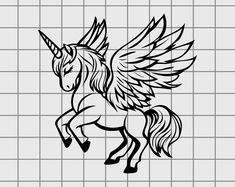 a black and white drawing of a unicorn with wings