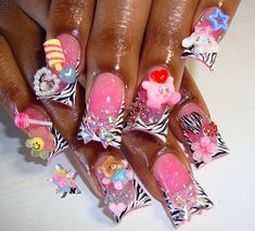 Summer Gyaru Nails, Press In Nails, Kawaii Junk Nails, Xl Kawaii Nails, Hello Kitty Gyaru Nails, Big Hello Kitty Charm Nails, Nail Piercing, Beautiful Disaster