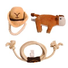 three stuffed animals and rope on a white background, one has a brown cow head