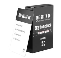 a black and white box that has some cards in it with the words stay home deck on it