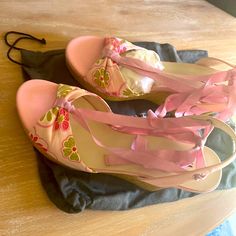 New In Box Pink W Sling Bach Ribbon And Floral Fabric Cute Shoe. 4” H W Duster Bag Chanel Wedges, Tan Strappy Heels, Strappy Platform Heels, Michael Kors Pumps, Navy Heels, Cute Shoe, Michael Kors Heels, T Strap Heels, Pink Barbie