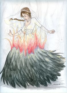 a drawing of a woman standing in front of a fire with her arms spread out