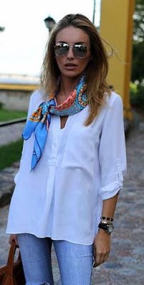 ANAMODAEIDEAS2.BLOGSPOT.COM.ES: TE GUSTA USAR PAÑUELOS / YOU LIKE TO USE SCARVES? White Shirt And Blue Jeans, Clogs Outfit, Loafers Outfit, Womens Scarf, Scarf Trends, Mode Tips, Scarf Outfit