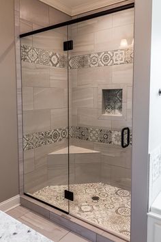 a walk in shower sitting inside of a bathroom