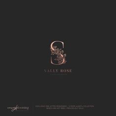 the logo for sally rose is shown on a black background with gold foil lettering