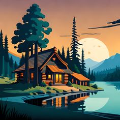 a painting of a cabin by the water