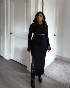 Maxi Sweater Dress Outfit, Cold Season Outfits, Black Sweater Dress Outfit, Casual Chic Dresses, Sweater Dress Outfit Winter, Long Winter Dresses, Black Maxi Dress Outfit, Black Little Dress, Body Positive Fashion