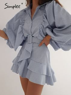 Shirt Dress Short, Spring Dresses Women, Chique Outfits, Women Long Sleeve Dress, Ruffle Shirt, Sleeve Women, Summer Blue, Mini Dress Casual, Mode Inspo