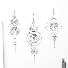 a drawing of three clocks hanging from the ceiling with arrows and globes on them