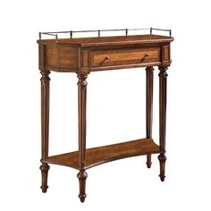 an antique console table with drawers and shelves on the top, in walnut wood finish