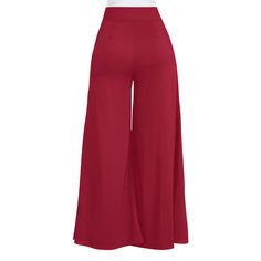 Red Pleated Wide Leg Long Pants Casual Burgundy Wide-leg Pants, Red Non-stretch Wide Leg Pants With Pockets, Casual High Waist Burgundy Pants, Burgundy Wide-leg Bottoms For Spring, Burgundy Wide Leg Bottoms For Spring, Non-stretch Red Pants, Red Solid Long Pants, Red Solid Color Long Pants, Burgundy Long Pants For Spring