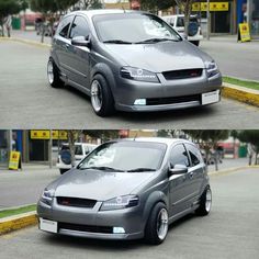 two pictures of a silver car parked on the street