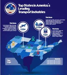 the top states in america's leading transport industry infographical map with icons