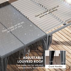 an outdoor covered roof with rain coming down on it and the words, adjustable louvered roof