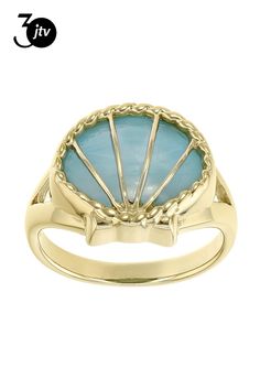 14x12mm Fan Cabochon Larimar 18k Yellow Gold Over Sterling Silver Solitaire Seashell Ring. Measures Approximately 0.64"L x 0.55"W. Not sizeable. Seashell Ring, Shell Ring, Sea Shell, Sea Shells, 18k Gold, Shells, Yellow Gold, Fan, Sterling Silver