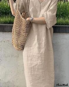 OliviaMark - Stylish Sleeveless V-Neck Vest Dress with Short-Sleeve Design - Casual Maxi Dress in Solid Color Steps Dresses, Hemp Dress, Loose Midi Dress, Spring Dresses Casual, Womens Long Dresses, Loose Maxi Dress, Cotton Linen Dresses, Mini Robes, Flowy Maxi Dress