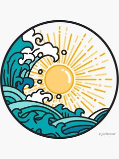 an image of the sun above the ocean waves in a circle with water splashing on it