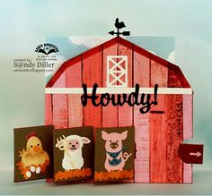 there is a red barn with animals on it and the words houndy written in black