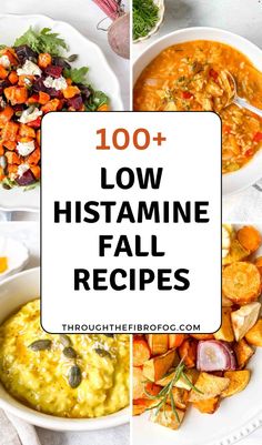 four different images with the words, 100 low histamine fall recipes