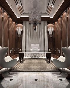 an elegant dining room with chandelier, chairs and table in the middle of it