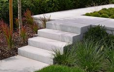 a fire hydrant sitting on top of cement steps next to grass and bushes in a garden