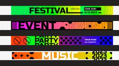 four different colored banners with the words festival, party and music written in bold font