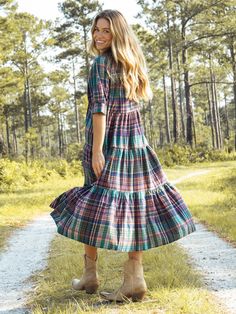 The empire waist & flowy tiers make this dress flattering for EVERY body type! Rainbow Plaid, Tiered Dresses, Orange Plaid, Tiered Midi Dress, Natural Life, Feminine Look, Bohemian Clothes, Cream Dress, Tiered Dress