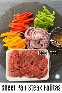 yellow, green, and red peppers, sliced purple onion, and sliced raw steak Freezer Sheet Pan Dinners, Pre Made Freezer Meals, Sheet Pan Meal Prep, Sheet Pan Suppers Recipes, Sheet Pan Steak Fajitas, Steak Fajitas Recipe, Sheet Pan Steak, Sheet Pan Fajitas