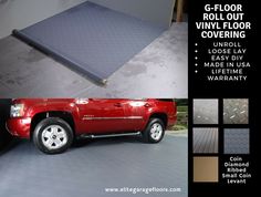 a red truck parked in front of a garage door with the words floor vinyl floor covering over it