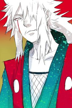 an anime character with white hair wearing a red and blue jacket, standing in front of a