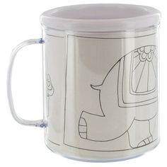 a white coffee mug with an elephant drawn on it