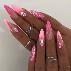 24Pcs Long Stiletto Press On Nails Pink With Glitter & Rhinestone False Nails Full Cover Includes Bougie Nails Designs, Fun Almond Nails Art Designs, Gorgeous Nails Designs Classy, Sharp French Tip Nails, Long Extra Nails, Pedi Inspiration, Stilleto Nails Designs, Fake Nails Long, Fav Products