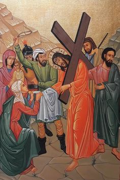 a painting of jesus carrying the cross with other people around him and holding his hands up