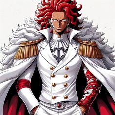 an anime character with red hair and white clothes, holding his hands on his hips