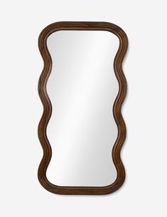 a mirror that is made out of wood and has wavy lines on the frame, along with