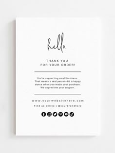 a thank card with the words hello written in cursive font and black ink