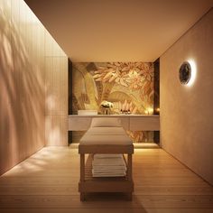 a spa room with wooden floors and walls