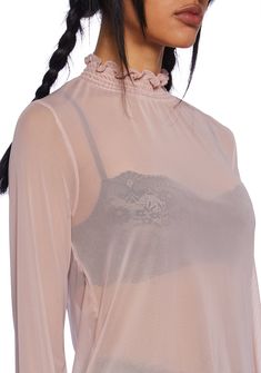 This long sleeve top has a sheer mesh construction, a ruffled mock neck, shirred detailing, and elastic ruffled cuffs. Halloween Costume Boots, Plus Swim, Costume Boots, Sheer Long Sleeve Top, Pink Sheer, Sheer Long Sleeve, Group Costumes, Mock Neck Long Sleeve, Halloween News