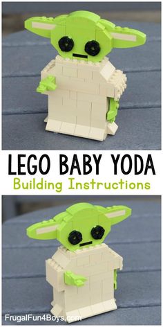 the lego baby yoda instructions are shown in two different pictures, one with black eyes and