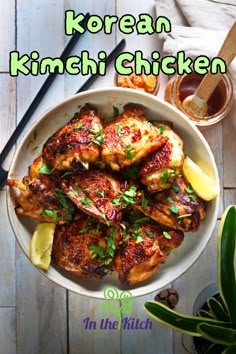 Korean grilled kimchi chicken in bowl with text overlay that says 'Korean kimchi chicken'. Kimchi Chicken Recipe, Chicken And Kimchi Recipes, Korean Chicken Thigh Recipe, Korean Chicken Bbq Recipes, Korean Bbq Chicken Thighs, Skinnytaste Korean Grilled Chicken, Gochujang Grilled Chicken, Recipe Chicken Thighs