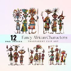 twelve fancy african characters in different styles and colors with text overlay that reads 12 fancy african characters