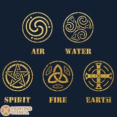 four different types of water and fire emblems on a black background with the words air, water, earth